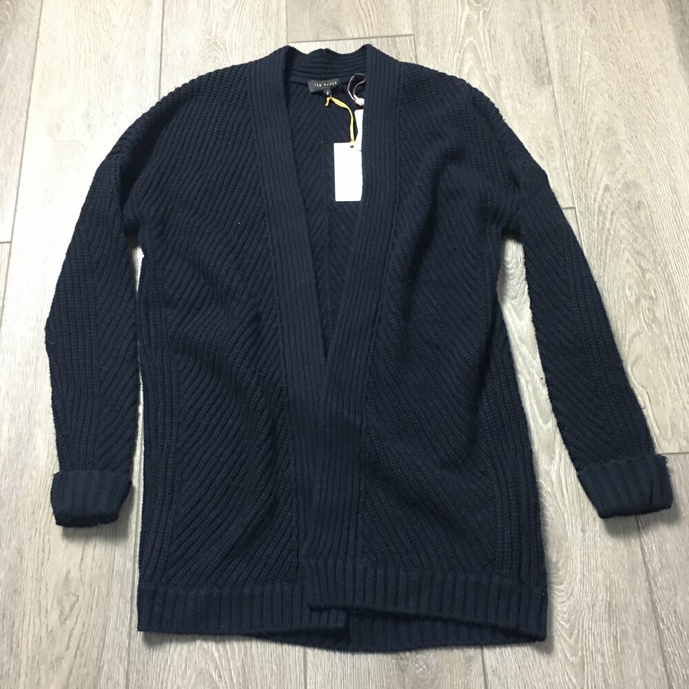 NWT Ted Baker Cashmere Wool Blend Black Open Long Cardigan Knit Size 2